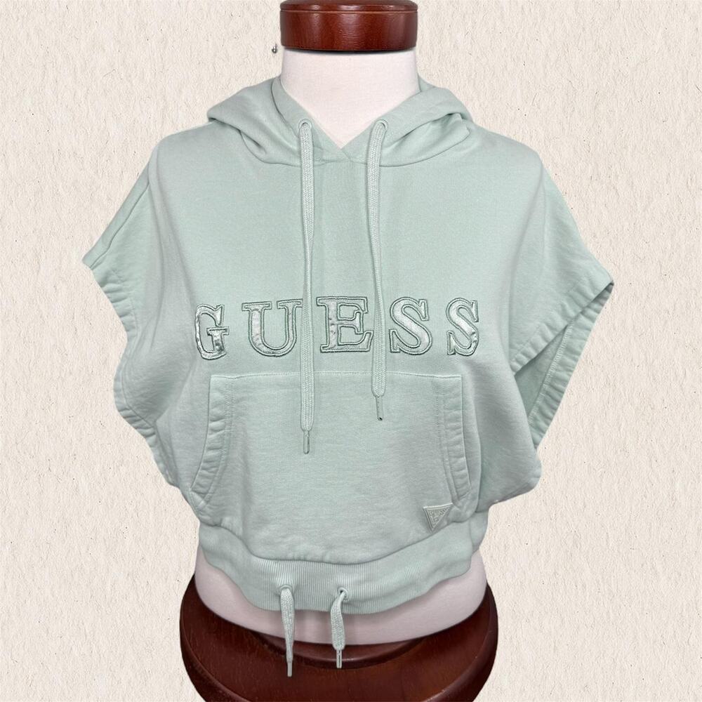 Guess Mint Green Y2K Sleeveless Cropped Hoodie Logo Top Size M - Sporty Bratz‎